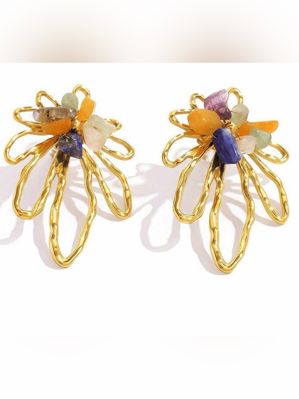 Gold Floral Loop Earrings with Multicolor Stone Chips - Picture 1 of 6